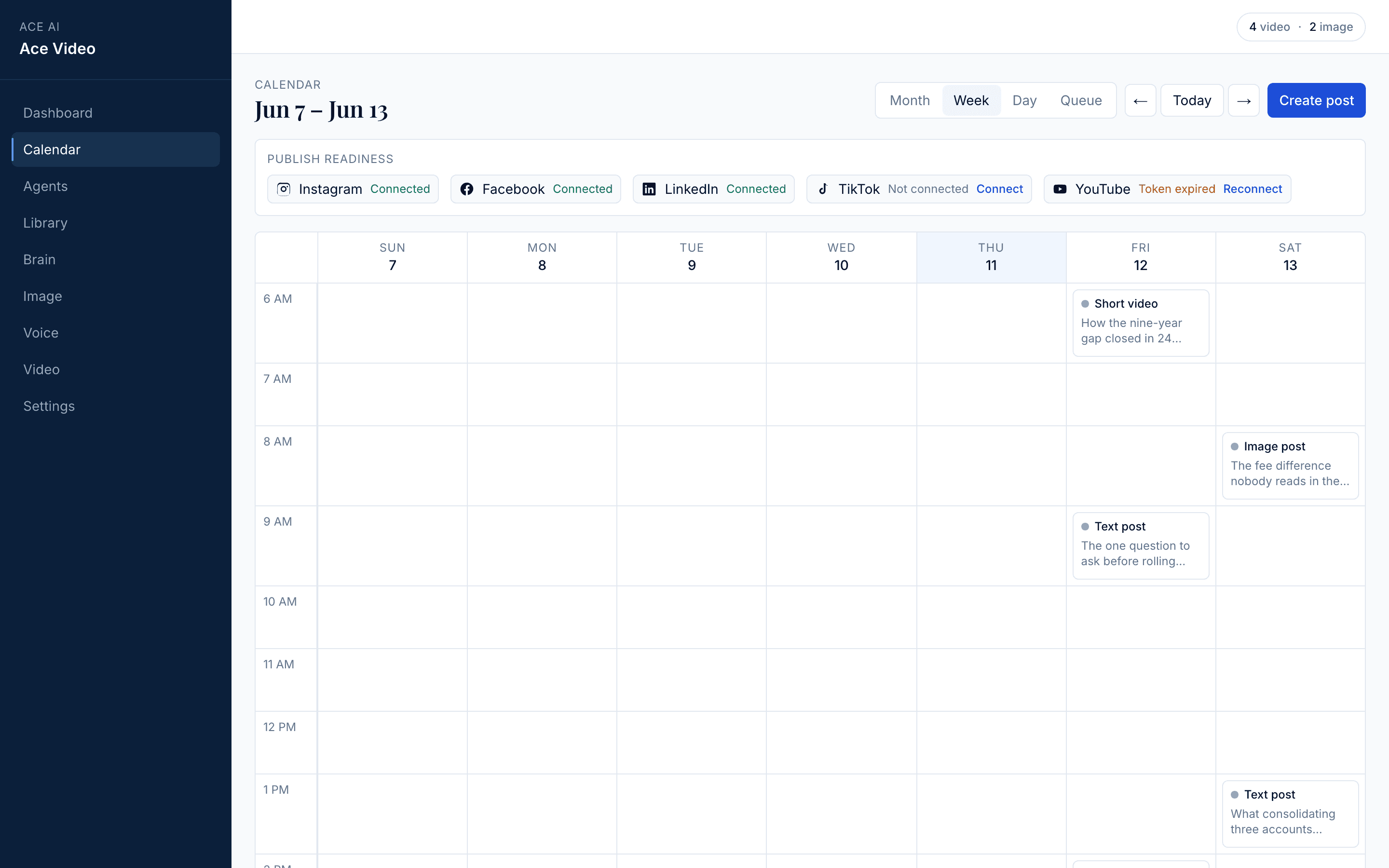 The Ace Video calendar showing scheduled video and content posts